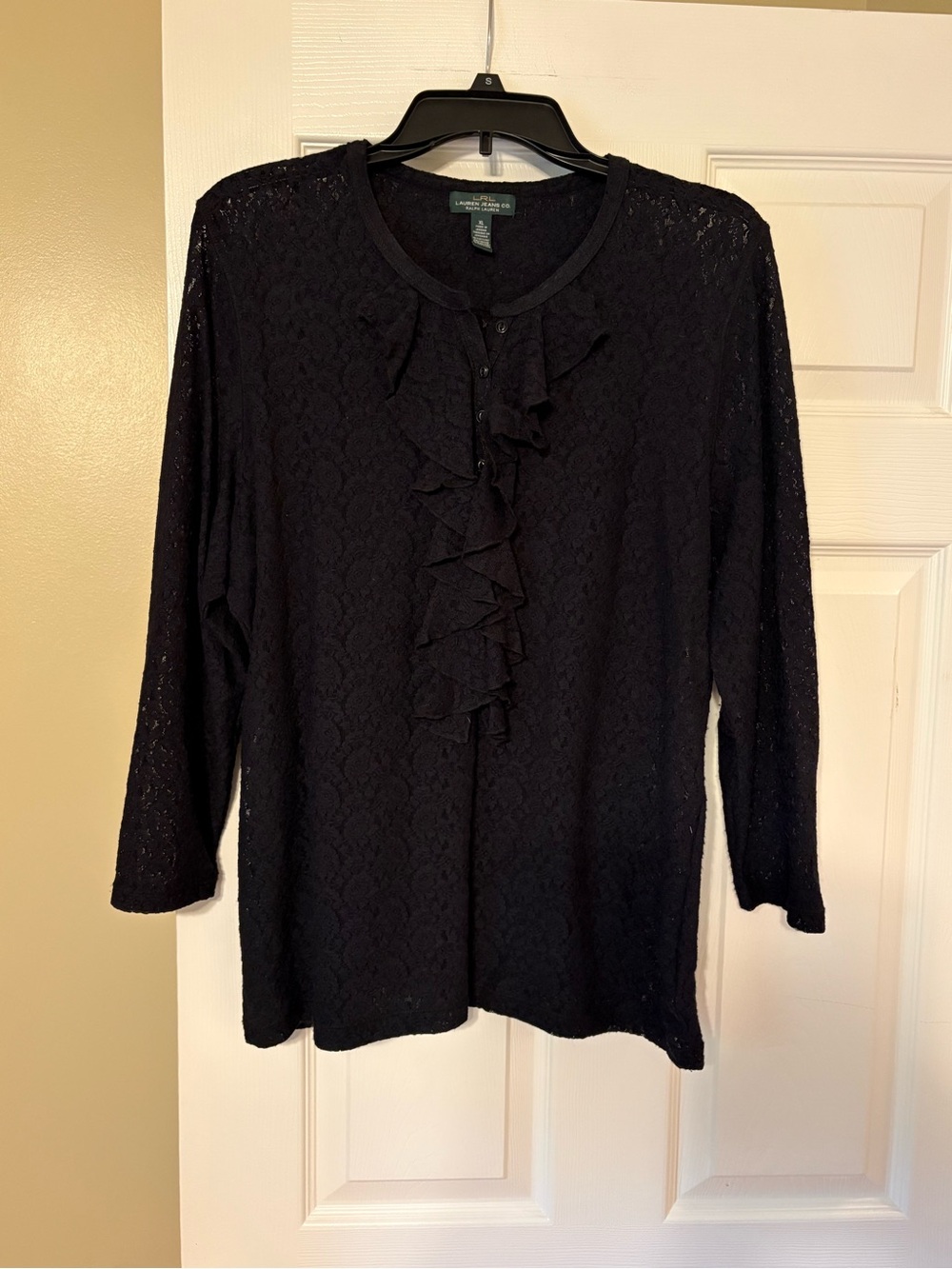 Ralph Lauren Black Lace Ruffle-Front Blouse